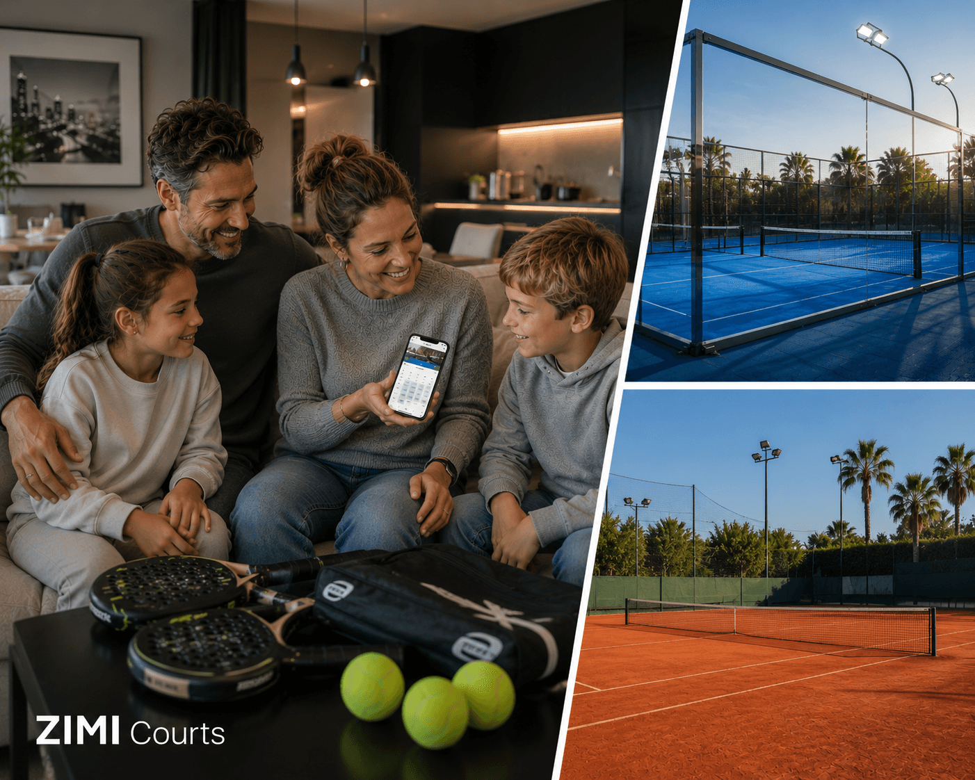 Zimi Courts mostrado con una familia reservando una pista deportiva y pistas al aire libre