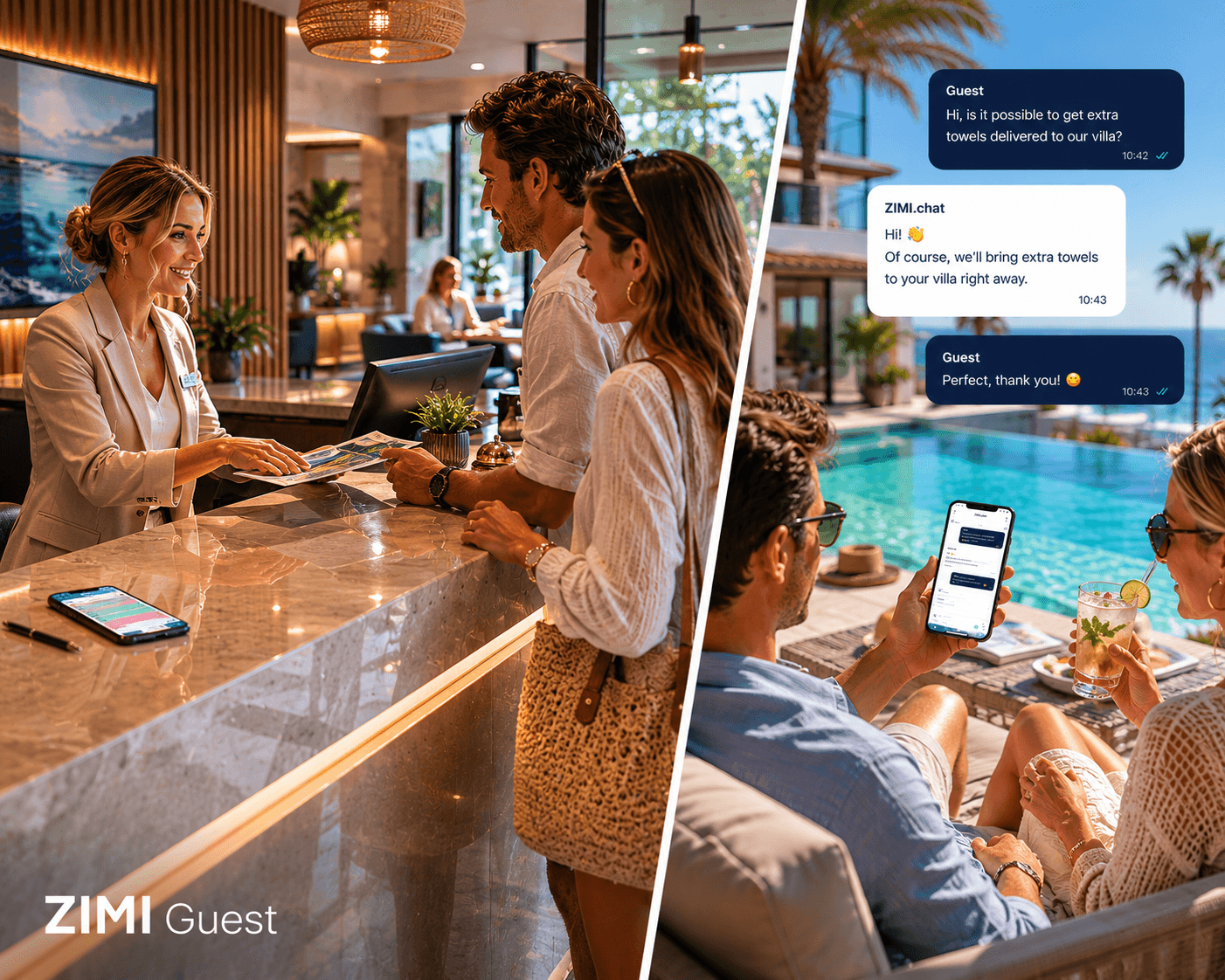 Zimi Guest mostrado en recepción de hotel y en un chat de huésped junto a la piscina