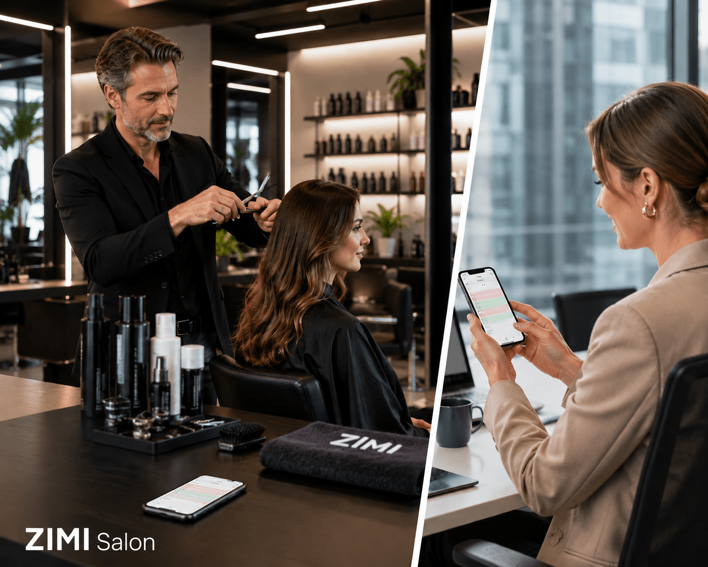 Zimi Salon mostrado en un salón y en el teléfono del proveedor